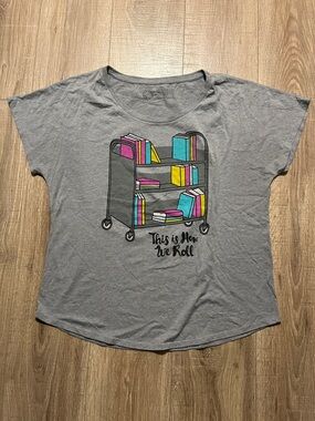 Out of Print Gray Tee with Colorful Library Book Cart Graphic XL